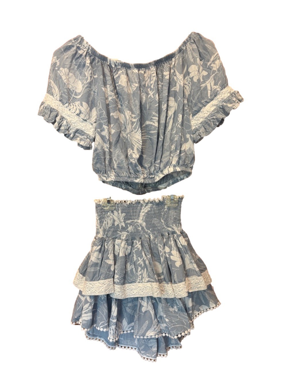Surf Gypsy Blue Floral Smocked Mini Skirt & Crop Top Matching Set Size Small